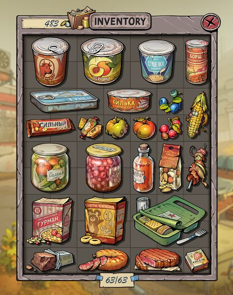 Game Items Design, Video Game Food Art, Game Inventory Design, Board Game Design Inspiration, Pixel Art Inventory, Game Art Portfolio, Inventory Illustration, Video Game Inventory, Game Inventory Ui