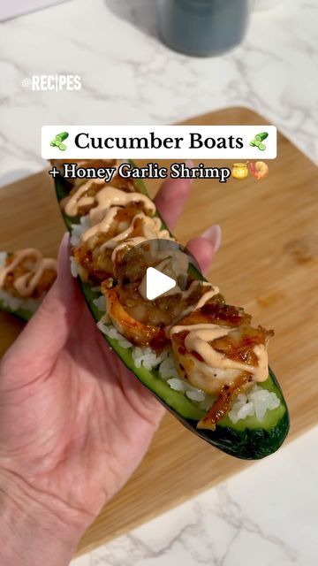 Recipes on Instagram: "Setting sail to flavor-town with these Cucumber Boats + Honey Garlic Shrimp!🥒🍤🍯 An easy and healthy meal that satisfies your palate!✨ Would you try this??😍 #healthy #health #food #idea #easyrecipes #healthyrecipe #yummy #delicious #flavor #cucumberboats #cucumber #shrimp #honeygarlic #savory #spicymayo #fyp" Shrimp And Cucumber, Shrimp Boats, Cucumber Boats, Shrimp Cucumber Dill Salad, Cucumber Shrimp Boats, Shrimp Cucumber Boats, Garlic Shrimp Zucchini Boats, Shrimp Cucumber Rice Bowl, Spicy Shrimp Cucumber Boats