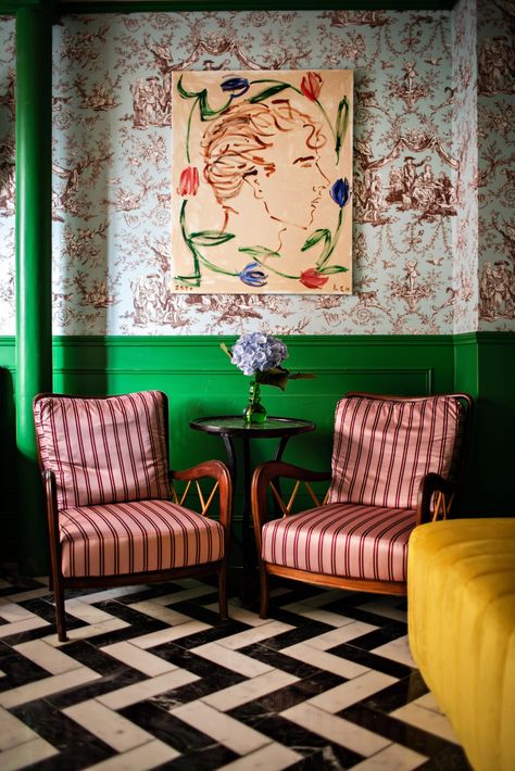 Luke Edward Hall, Parisian Hotel, Paris Sightseeing, Edward Hall, Maximalist Interior, Retro Sofa, Colored Ceiling, Green Tile, Mosaic Flooring