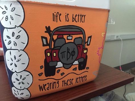 Painted Fraternity Coolers, Painted Flask, Sorority Coolers, Formal Cooler Ideas, Theta Chi, Fraternity Coolers, Frat Coolers, Cooler Painting, Theta Phi Alpha