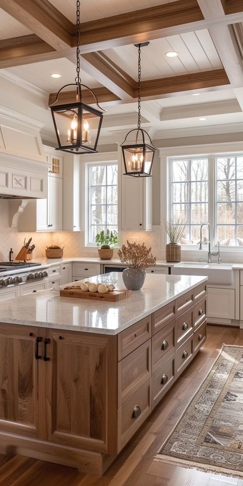 Open Kitchen Design With Island, Wooden Modern Kitchen Design, Country Style Kitchen Cabinets, Warm Transitional Kitchen, Kitchens With Character, Accent Island Kitchen, Gourmet Kitchen Ideas, New England Kitchen Design, Classic Kitchen Design Luxury