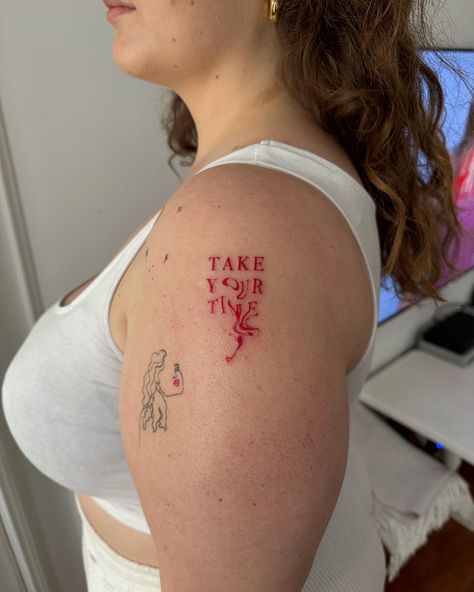 Take your time red ink melting lettering tattoo on girl’s arm Love Red Tattoo, Melting Tattoo Ideas, Melting Font Tattoo, Melting Letters Tattoo, Red Ink Letter Tattoo, Melted Words Tattoo, Red Ink Tattoos Words, Melting Text Tattoo, Red Ink Text Tattoo