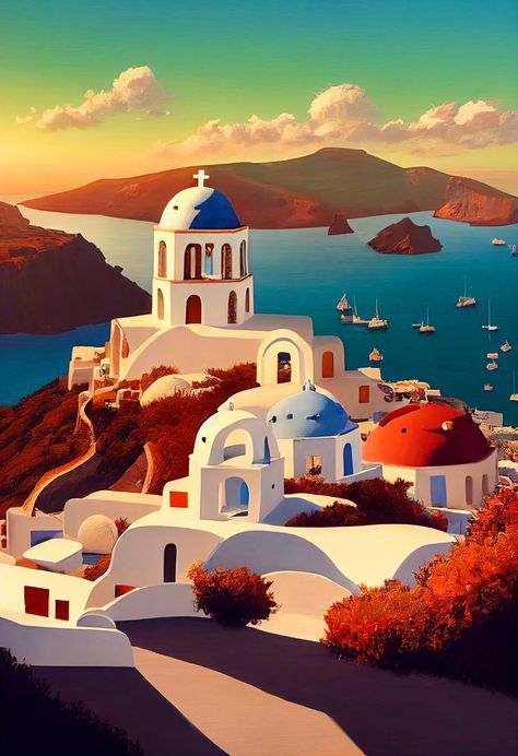 Greek Islands To Visit, Islands To Visit, Greece Art, Santorini Travel, City Painting, Travel Postcard, Retro Travel Poster, Art Tote Bag, Travel Wall Art