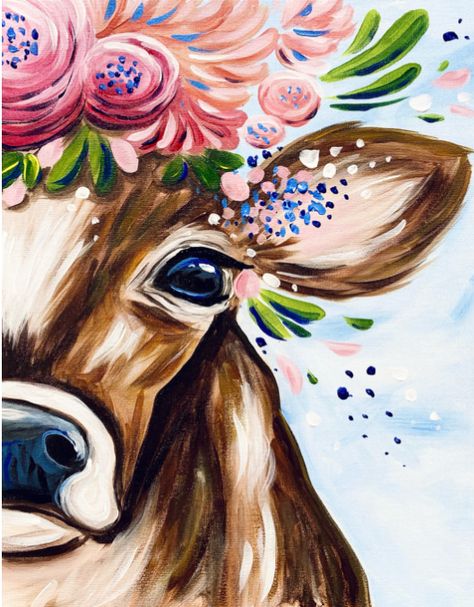 Spring Cow Step-by-Step | wendyanderson.art Whimsical Pig Painting, Farm Animal Paintings Easy Step By Step, Cow Art Painting, Easter Paint Night Ideas, Highland Cow Drawing Easy Step By Step, Easy Pictures To Paint For Beginners, Paint And Sip Picture Ideas, Cow Painting Step By Step, Paint And Sip Christmas Ideas