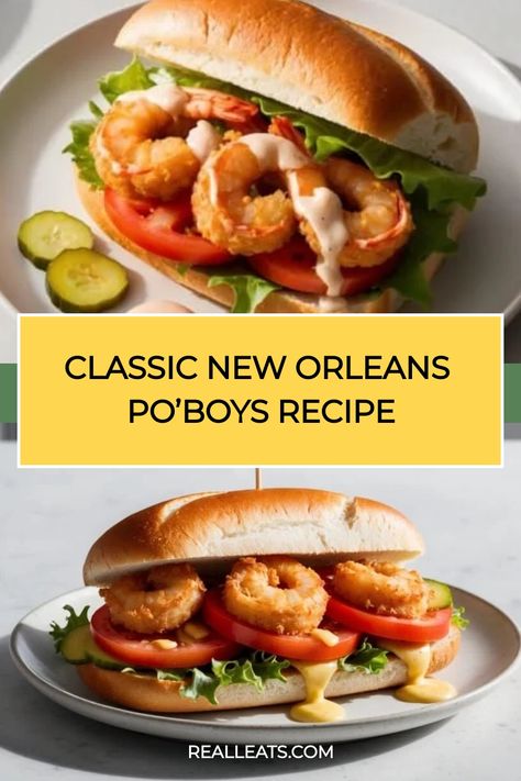 Shrimp po'boy sandwiches with lettuce, tomato, and sauce on a plate, accompanied by pickle slices. Shrimp Po'boy Recipe, Shrimp Po Boy Recipe, Crispy Fried Shrimp, Shrimp Remoulade, Shrimp Po Boy, Remoulade Sauce, Bread Serving, Fried Shrimp, Cajun Recipes