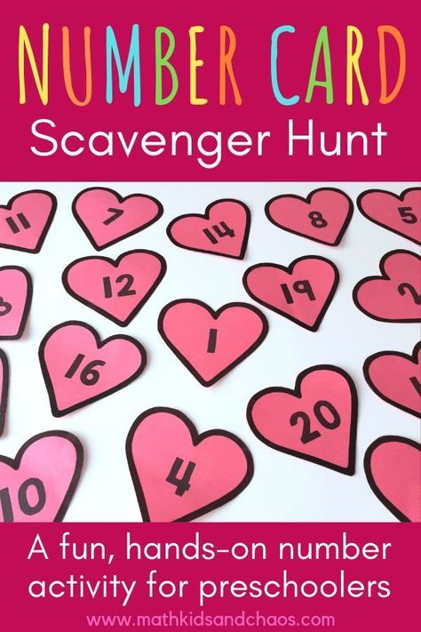 Number card scavenger hunt activity using the numbers 1 to 20.  A fun hands-on number activity for preschool and kindergarten age children. This simple math activity doesn’t require any writing – all you need are some number cards!  Great for developing number sense and practicing basic math skills like counting, number sequencing and number recognition. Click through to read more! #preschoolmath #counting  #preschoolactivities  #kindergartenmath #numbersense #mathkidsandchaos #numbersto20 Number Scavenger Hunt, Valentine Math Activities, Number Activities Preschool, Simple Arts And Crafts, Simple Arts, Math Valentines, Number Activity, Activity For Preschoolers, Activity For Preschool