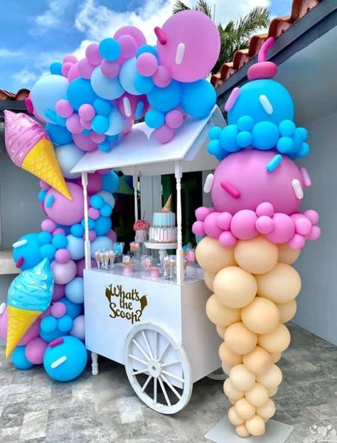 22 Brilliant Ice Cream Bar Ideas - Lady Celebrations Gender Reveal Ideas Ice Cream Theme, Candy Land Theme Baby Shower Ideas, Heres The Scoop Baby Shower Decor, Ice Cream Scoop Gender Reveal, Double The Scoops Double The Fun, Ice Cream Theme Birthday Party Ideas, Baby Shower Ice Cream Bar, Here’s The Scoop Birthday, Candy Theme Baby Shower Ideas