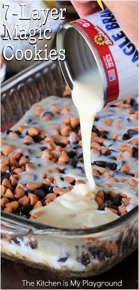 Pouring Sweetened Condensed Milk Over Ingredients to Make 7-Layer Magic Cookies Double Delicious Cookie Bars, Cookies And Bars Recipes Simple, Easy 8x8 Desserts, Lazy Cookies Recipe, Easy Layer Desserts, Seven Layer Magic Cookie Bars, 7 Layer Bar Cookies, Seven Layer Cookies Recipe, 3 Layer Cookies