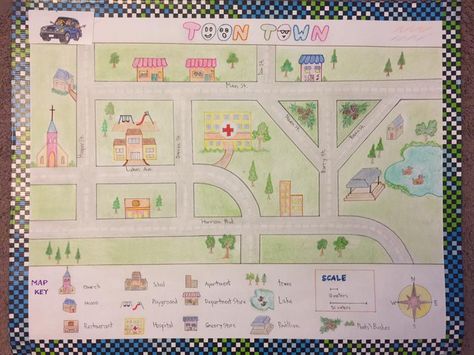 Map with Keys Scale Compass Elementary School Project.. My son found some keys idea from the internet and created his own street path... Colorful... everyone loved it!! Create Your Own Map Project, Elementary School Social Studies Activities, Geometry Map Project, Map School Project Ideas, Geometry Town Project, Geometry City Project, Map Projects For Kids, Community Map Drawing, Article Summary