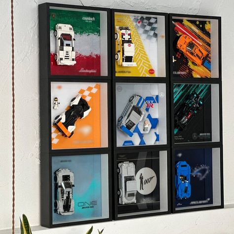 iLuane - Make Your LEGO More Decorative Lego Speed Champions Display Ideas, Lego Speed Champions Display, Toy Car Display Ideas, Speed Champions Display, Lego Car Display Ideas, Lego Room Ideas, Lego Display Ideas, Lego Wall Art, Toy Car Display