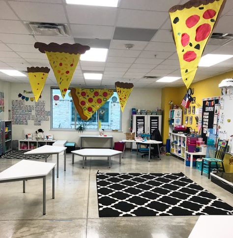 Pizza Parlor Classroom Transformation, Pizzeria Classroom Transformation, Pizza Room Transformation, Pizza Classroom Transformation, Pizza Decorations, Preschool November, Pizza Fractions, Task Ideas, Abc Countdown