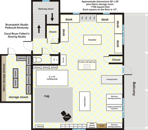 This is carol byert fallerts studio plans, i like the sitting area, sometimes you just need to think, or read, or look at reference books ds or a laptop.note open space around island work areas. Sewing Room Floor Plans, Quilting Studio Sewing Spaces, Sewing Room Design Layout, Sewing Studio Layout, Sewing Room Layout, Studio Layouts, Sewing Studio Organization, Quilt Sewing Room, Studio Layout