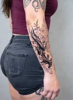 Ocean Arm Sleeve Tattoos For Women, Shark Sleeve Tattoo Women, Dark Aquatic Tattoo, Sea Animals With Flowers Tattoo, Shark Cover Up Tattoo, Ocean Filler Tattoo, Cerebus Dog Tattoo Traditional, Sea Life Leg Sleeve, Ocean Sleeve Tattoos For Women