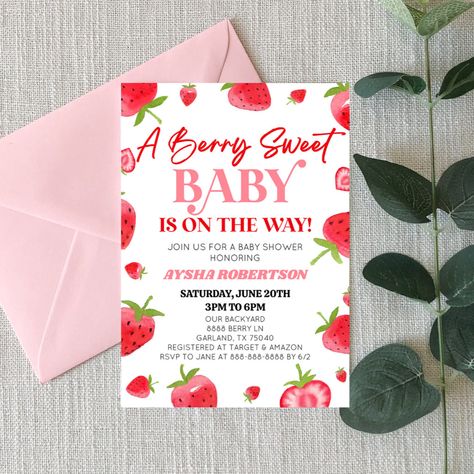 Berry Sweet Baby Shower Invitations, Strawberry Baby Shower Invitations, A Berry Sweet Baby Is On The Way, Berry Sweet Baby Shower Theme, Sweet Baby Shower Ideas, Red Baby Shower, Baby Cam, Baby Surprise, Find The Guest