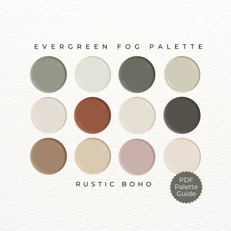 Boho Color Palette Sherwin Williams, Fog Color Palette, Evergreen Fog Color Palette, Paint Colors Boho, Sherwin Williams Evergreen Fog, Cabin Paint Colors, Color Palette Sherwin Williams, Wallpaper And Paint, Boho Color Palette