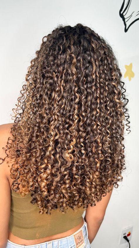 #highlights #curlyhairstyles Cute Highlights For Curly Hair, Copper Blonde Balayage Curly Hair, Curly Honey Highlights, Subtle Blonde Highlights Curly Hair, Brown Curly Hair Boliage, Sunkissed Balayage Curly Hair, Streaky Highlights Curly Hair, Curly Dyed Hair Highlights, Medium Length Curly Hair Balayage