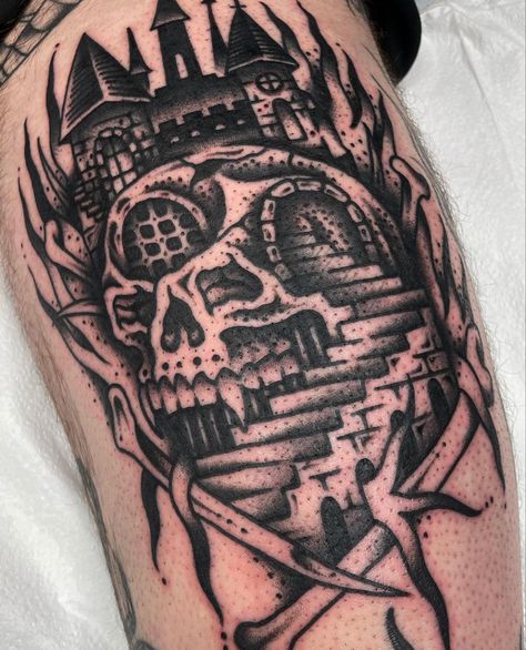 Castle Tattoo Back Piece, Skull Castle Tattoo, Castle Tattoo Traditional, Crypt Keeper Tattoo, Traditional Castle Tattoo, Alternative Tattoo Ideas, Staircase Tattoo, Monster Tattoos, Portal Tattoo