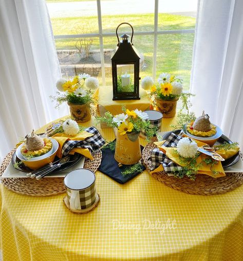 Dining Delight: Bee Themed Tablescape for Two Bee Kitchen Theme, Tablescapes Summer, Summer Table Settings, Summer Tablescapes, Faux Candles, Table For Two, Table Setting Decor, Faux Floral Arrangement, Dinner Table Decor