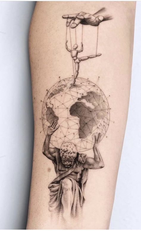 Sculpture Tattoo, Realistic Sculpture, Geometric Tattoo Sleeve Designs, Atlas Tattoo, Earth Tattoo, Feminine Tattoo Sleeves, Insect Tattoo, Greek Mythology Tattoos, Cool Forearm Tattoos