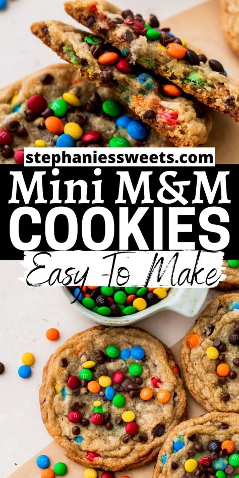 These easy to make mini M&M cookies are loaded with mini M&M's and mini chocolate chips. They are thick and chewy cookies that require no mixer. Mini M M Cookies Recipe Easy, Great American Cookie M&m Recipe, Mm Chocolate Chip Cookies, Mini M M Cookies, Mini M And M Cookie Recipe, Mini Mm Cookies, Easy M M Cookies Recipe, Chocolate Chip M&m Cookies Recipes, Cookies With Mini M&ms