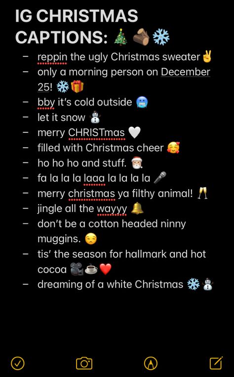 Christmas Notes For Instagram, Aesthetic Christmas Captions, Cool Short Quotes Aesthetic Funny, Disney Christmas Captions, Christmas Selfie Captions, Christmas Bio Ideas, Christmas Photo Quotes, Christmas Party Captions For Instagram, Short Christmas Quotes Simple