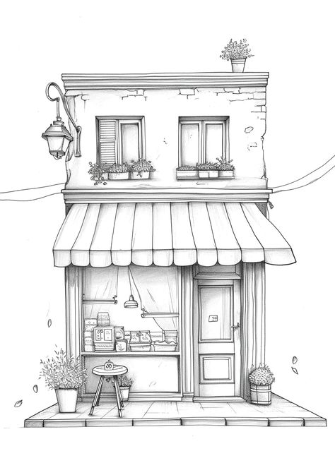 🏪✨ Get ready to paint the town...literally! 😍🎨 These adorable printable coloring pages featuring cute storefronts are the perfect way to unleash your creativity. Let's add some color to our world! 🌈✨ Storefront Sketch, House Colouring Pages Free Printable, Building Sketches Simple, Storefront Illustration, Houses Drawing, Coloring Sheets For Adults, Bujo Art, Colouring Sheets For Adults, House Colouring Pages