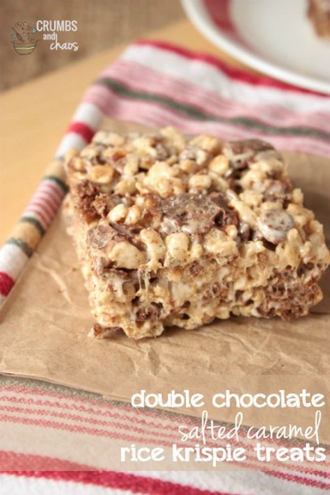 Double-Chocolate-Salted-Caramel-Rice_Krispie-Treats Salted Caramel Rice Krispie Treats, Caramel Rice Krispie Treats, Magic Bars, Krispie Treats Recipe, Rice Recipes For Dinner, Krispy Treats, Cereal Treats, Rice Krispy, 7 Layer