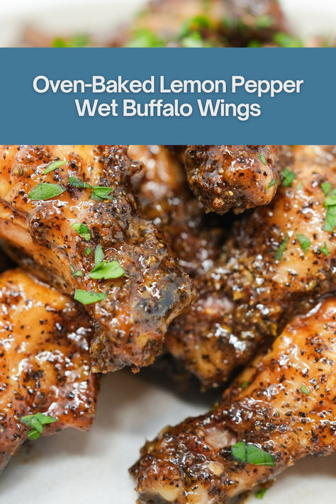 Oven-Baked Lemon Pepper Wet Buffalo Wings, featuring crispy and zesty chicken wings coated in a luscious homemade sauce that harmonizes tangy lemon, bold black pepper, and savory garlic for an irresistibly flavorful bite. Dried Lemon Zest, Lemon Pepper Sauce, Zesty Chicken, Baked Wings, Lemon Pepper Seasoning, Baked Chicken Wings, Chicken Wing, Buffalo Wings, Lemon Pepper