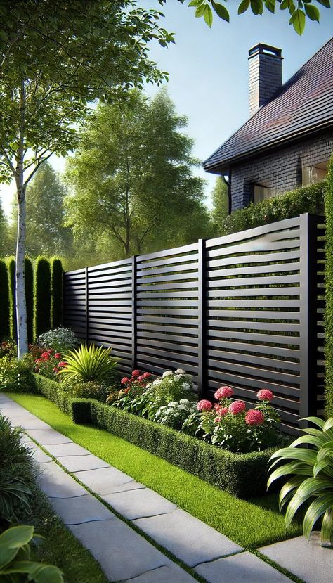 15 Affordable Horizontal Fence Ideas for a Chic Outdoor Space 20 Front Garden Fence Ideas, Horizontal Fence Ideas, Horizontal Fences, Horizontal Fencing, Garden Fence Panels, Horizontal Fence, Brady Bunch, Patio Garden Design, Fence Landscaping