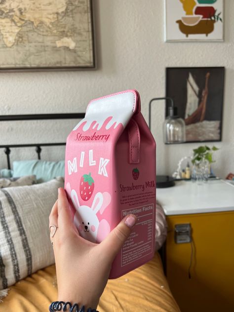 Pink Strawberry Milk Purse Strawberry Cute White Bubblegum Pink Handbag Slingbag Shoulderbag Kitschy Clothes, Milk Purse, Milk Pouch Design, Strawberry Milk Clothes, Strawberry Milk Purse, Milk Carton Bag, Strawberry Milk Keychain, Milk Nutrition Facts, Cute Milk