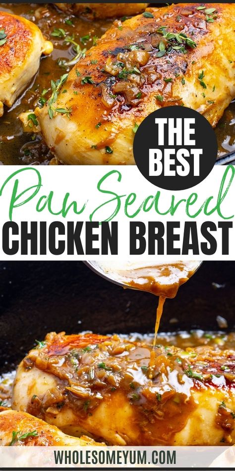 Learn how to sear chicken with this EASY stovetop pan seared chicken breast recipe. Just 25 minutes needed for perfectly juicy pan fried chicken breast, using simple ingredients. #wholesomeyum How To Sear Chicken, Simple Pan Fried Chicken, Easy Pan Seared Chicken Breast, Easy Chicken Recipes Stovetop, Cast Iron Chicken Breast Recipes, Sautéed Chicken Breast, Chicken Breast Recipes For Two, Chicken Breast Recipes Stove Top, Wholesum Yum