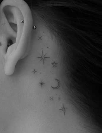 Ear Tattoos Women Behind, Star Tattoo Behind Ear For Women, Taurus Constellation Tattoo Behind Ear, Celestial Behind Ear Tattoo, Constellation Ear Tattoo, Saturn Tattoo Behind Ear, Star Tattoo Behind The Ear, Under Ear Tattoos Women, Sun Ear Tattoo