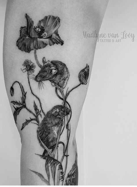 Mice Tattoo, Traditional Tattoo Black And Grey, Tattoo Fixes, Field Mice, Rat Tattoo, Mouse Tattoos, Native Tattoos, Wildflower Tattoo, Special Tattoos