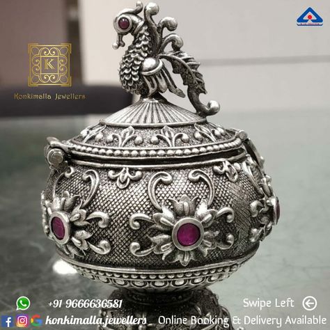 #KJ_S122 Net Weight: up to 100 grams Item: Antique Kumkum Barini Fb, Insta, Pinterest: @konkimalla.jewellers Trendy Silver Jewelry, Rajputi Jewellery, Pooja Items, Silver Pooja Items, Latest Simple Mehndi Designs, Antique Silver Jewelry, Puja Room, Silver Items, Silver Wedding Jewelry