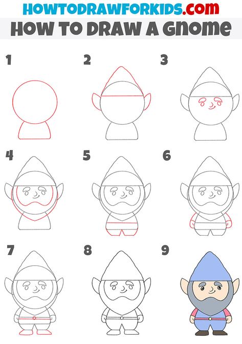 How to Draw a Gnome - Easy Drawing Tutorial For Kids Gnome Step By Step, Draw A Gnome, Cute Halloween Drawings, 30 Day Drawing Challenge, Camp Activities, Drawing Lessons For Kids, Fairy Drawings, How To Draw Steps, Easy Doodle