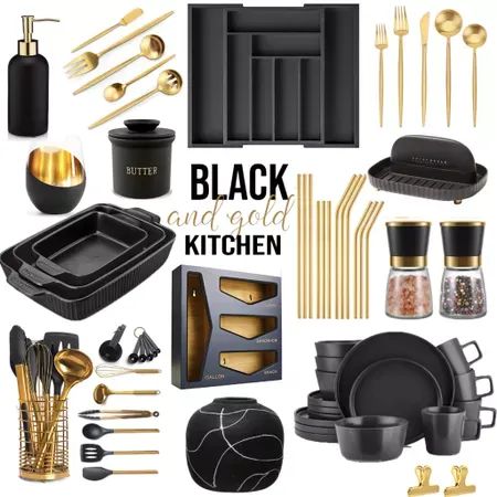 Black And Gold Kitchen Ideas Modern, Black White And Gold Kitchen Decor Ideas, Black Decor In Kitchen, Kitchen Decor Black And Gold, Black And Gold Interior Design Kitchen, Black Kitchen Items, Dark Kitchen Accessories, Black Kitchen Theme Ideas, Black Kitchen Inspiration Apartment