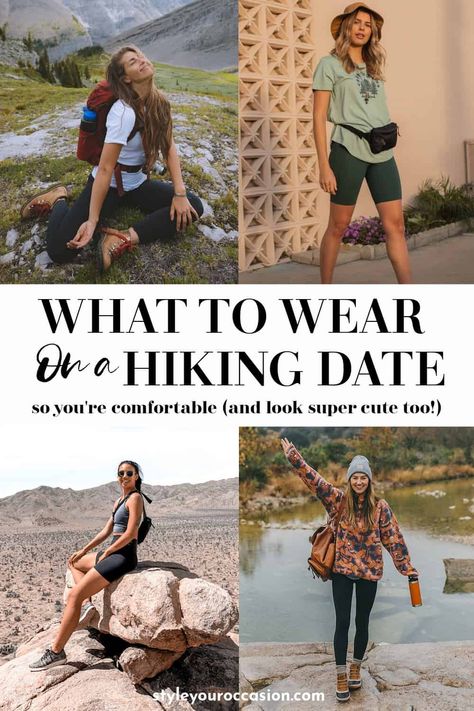 Looking for hiking outfit inspiration? Check out what to wear on a hiking date in the fall, spring, winter, or summer. These ideas will make sure you feel comfortable and look amazing at the same time. With a neutral aesthetic these hiking outfits are perfect for anyone and will make your date swoon. Athletic Date Outfit, Trail Walking Outfit, Hike Outfit Summer, Hiking Date Outfit, Summer Hiking Outfit Women, Plus Size Hiking Outfit, Casual Hiking Outfit, Spring Hiking Outfits, Hiking Date