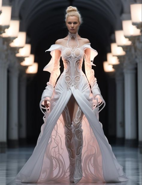 Fantasy Gowns White, Futuristic Prom Dress, Futuristic Elegance Outfit, Futuristic Wedding Dress, Futuristic Gown, Futuristic Elegance, Futuristic Dress, High Fashion Dresses, Conceptual Fashion