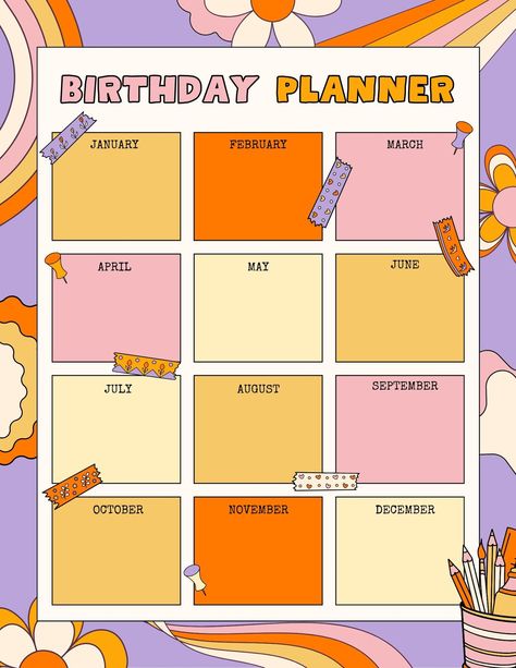 Use this customizable Colorful Illustrated Retro Cartoon Birthday Date Planner template and find more professional designs from Canva. #pink #yellow #orange #colorful #retro #illustrated #flower #planner #calendar #cartoon #playful #Birthday #date #planner #canva #template #year #monthly Calendar Cartoon, Teachers Planner, Aesthetic Student, Homeroom Teacher, Cartoon Birthday, Flower Planner, Birthday Date, Daily Weekly Planner, Paint Water