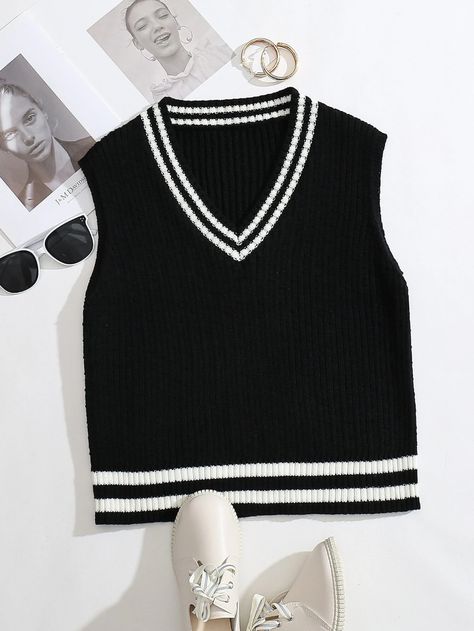 V Neck Striped Pattern Sweater Vest | SHEIN USA Knitted Sweater Vest, Knitted Outfit, Preppy Mode, Mode Emo, Sleeveless Jumper, Sweater Vests, Pullover Outfit, Wolf Girl, Sweater Vest Women