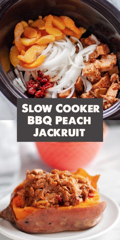 Slow Cooker BBQ Peach Jackfruit - Thyme & Love Spicy Meal Prep, How To Cook Jackfruit, Vegan Slow Cooker Recipes, Vegan Crockpot Recipes, Vegan Crockpot, Jackfruit Recipes, Vegan Slow Cooker, Vegetarian Crockpot Recipes, Slow Cooker Vegetarian