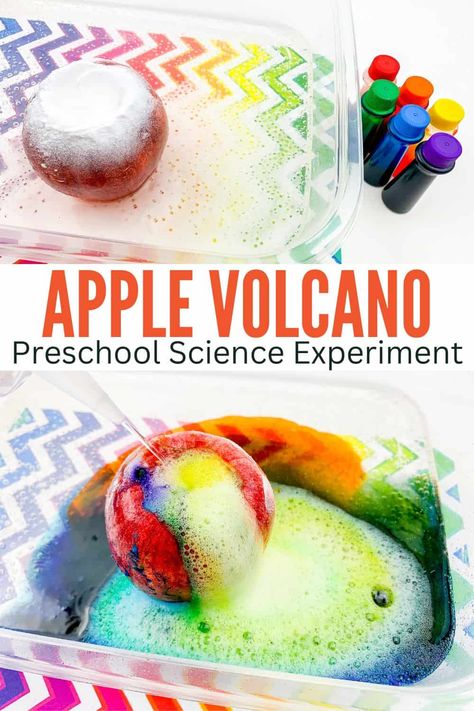 Setting up an apple volcano science experiment for preschoolers is a great way to engage them in an awesome STEM activity this fall! Experiment For Preschoolers, Fall Science Activities, Apple Science Experiments, Apple Theme Activities, Fall Stem Activities, Preschool Apple Theme, Stem Activities Preschool, Fall Science, Apple Lessons