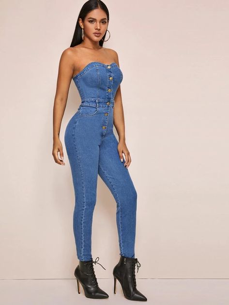 Button Front Denim Tube Jumpsuit | SHEIN USA Slippers Christmas, Embellished Jumpsuit, Denim Jumpsuits, Tube Jumpsuit, Trendy Fashion Outfits, Women's Slippers, Fashion Photography Editorial, Alternative Outfits, Jumpsuit Fashion