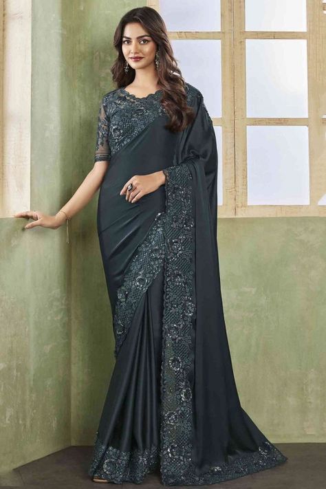 Charcoal Grey Silk Saree with Embroidered Blouse Grey Silk Saree, Green Color Saree, Lehenga Style Saree, Blue Silk Saree, Saree With Belt, Grey Saree, Indian Designer Sarees, Lehenga Style, Dark Green Color