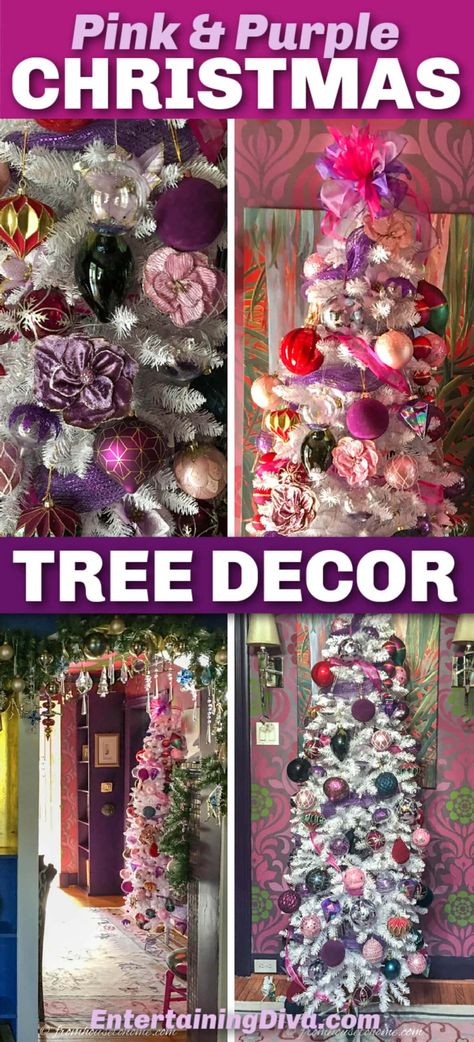 Purple and pink Christmas tree decor. Pink And Purple Christmas Tree, Christmas Pictures With Lights, Purple Christmas Tree Decorations, Purple Christmas Tree, Glam Christmas Decor, House To Home, Glam Christmas, Blue Christmas Tree, Silver Christmas Tree