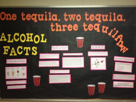 Alcohol Bulletin Board-- Residents loved it and was rather effective at starting a discussion about drinking alcohol safely. Rethink Your Drink Bulletin Board, Ra Alcohol Bulletin Boards, Alcohol Awareness Bulletin Board, Alcohol Bulletin Board, Drinking Bulletin Board Ra, Roommate Bulletin Board Ra, Alcohol Facts, Room Decor College, Alcohol Poisoning