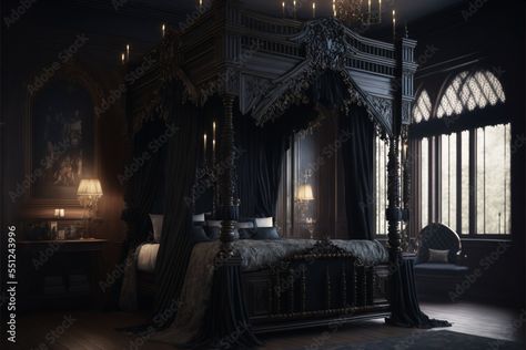 luxury black bedroom with a big royal bed, interior, castle, modern, rich, clean, castle, empty, atmospheric Stock Illustration | Adobe Stock Gothic House Bedroom, Dark Gothic Living Room, Gothic Victorian House Interior Bedroom, Blue Gothic Bedroom, Gothic Penthouse, Neo Gothic Interior Design, Gothic House Aesthetic, Gothic Victorian House Interior, Gothic House Interior