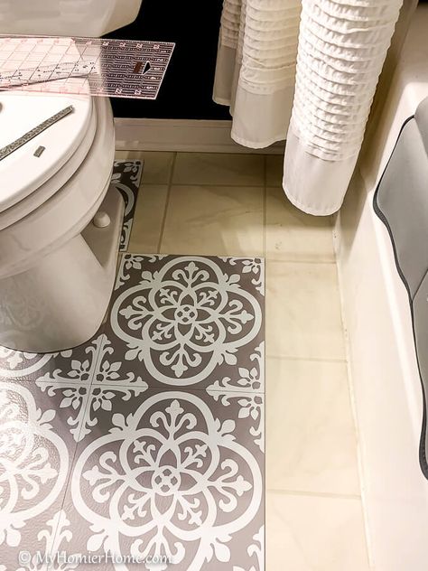 Learn how to install peel and stick tile over your existing linoleum flooring the easy way. Read more here. 90s Bathroom, Peel And Stick Floor Tile, Bathroom Mood Board, Window Boxes Diy, Bend And Snap, Large Curtains, Peel And Stick Floor, Solid Wood Dresser, Diy Accent Wall