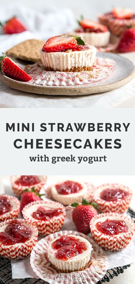 Healthy Mini Desserts, Healthy Cheesecake Cups, Healthy Mini Cheesecakes, Healthy Cheesecake Bites, High Protein Mini Cheesecakes, Healthy Strawberry Cheesecake Recipes, Healthy Cheesecake Recipes Greek Yogurt, Mini Protein Cheesecake, Mini Greek Yogurt Cheesecake