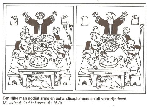 spot the differences - Great banquet Bible Puzzles, Bible Class Activities, Whale Coloring Pages, Bible Crafts Sunday School, Wealthy Man, Bible Worksheets, Parables Of Jesus, Find The Difference, Bible Story Crafts